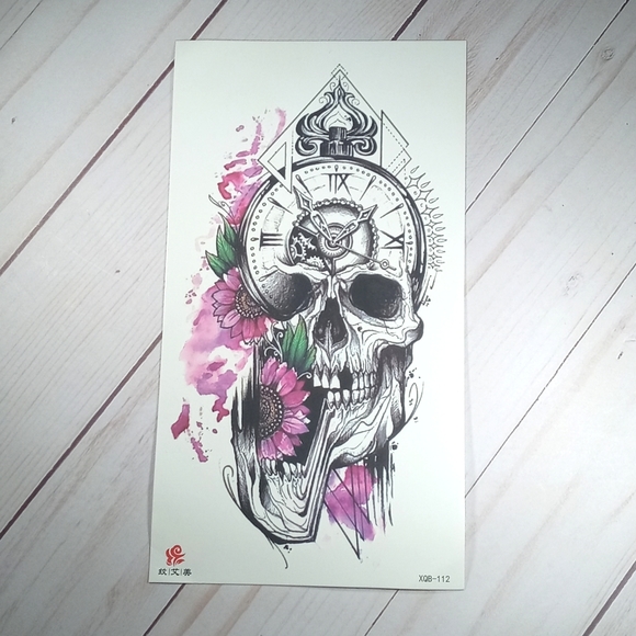 7.5" Skull/Flower/Clock Temporary Tattoo - Picture 4 of 4